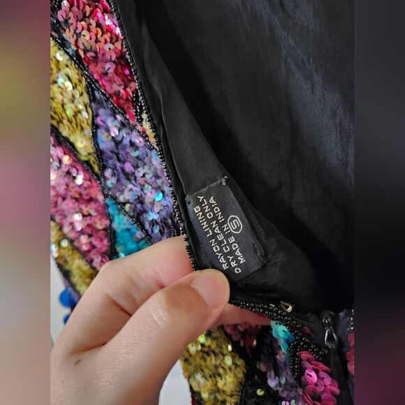 Vintage 80s Colorful Sequins Diamond Argyle Tassel Fringe Midi Dress Fla… - Picture 12 of 13